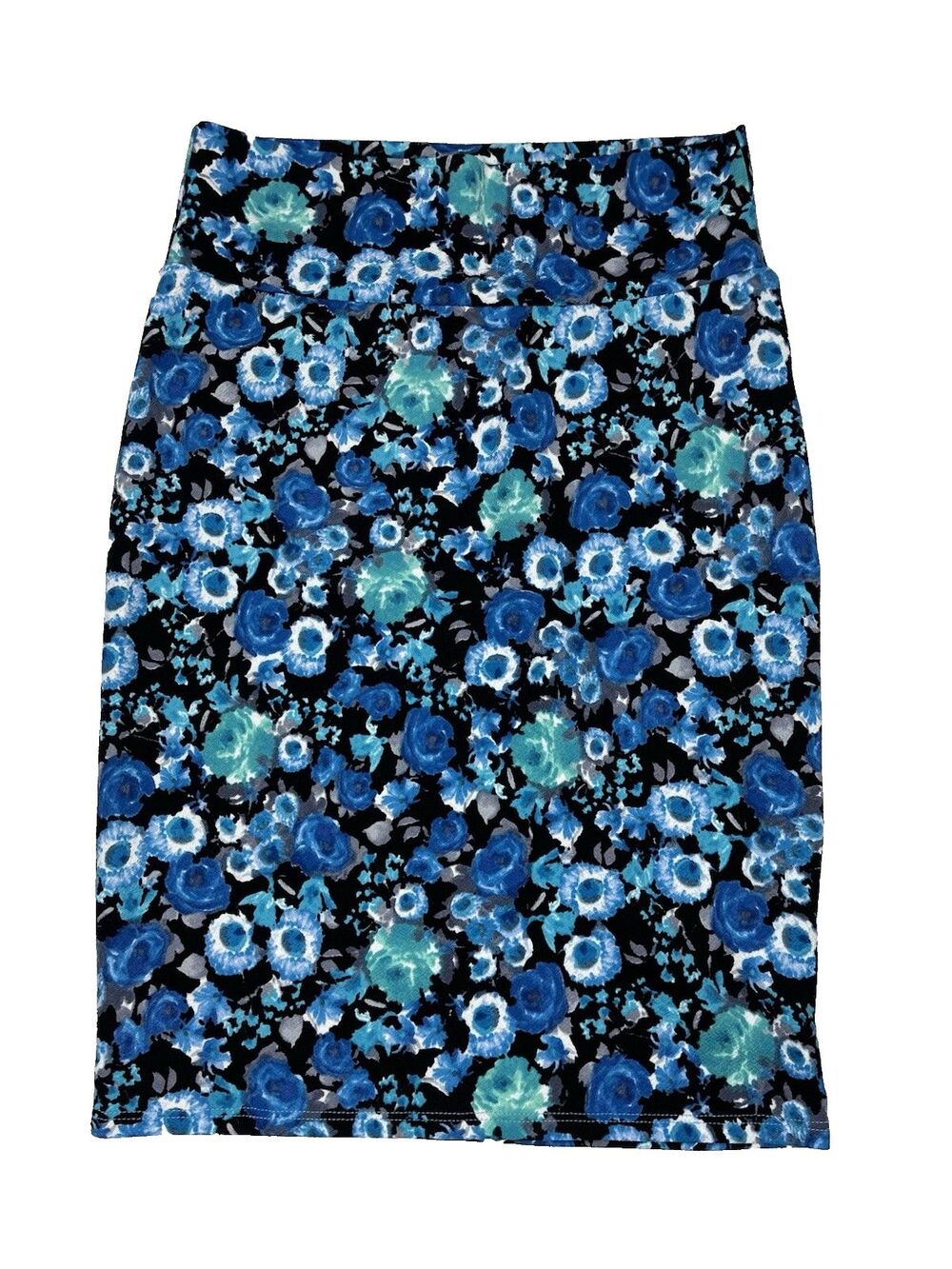 LuLaRoe Cassie Skirt Small Blue Floral Pencil Stretch Knit Fitted Coquette Party
